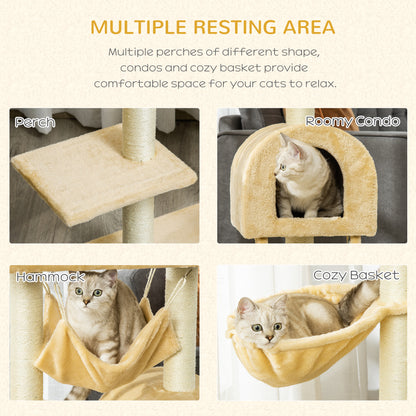 Cat Tree Tower for Indoor Cats Kitten Activity Centre Scratching Post w/ Hammock House Basket Ladder - Beige