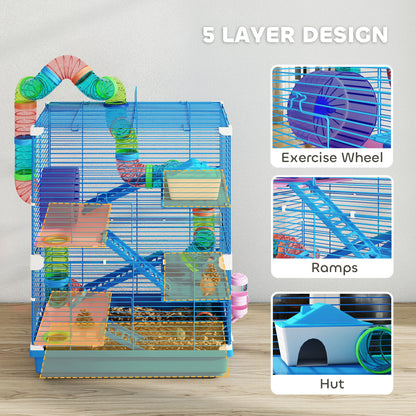 5 Tier Hamster Cage Carrier Habitat w/ Exercise Wheels, Tunnel, Blue