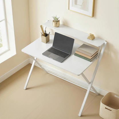 Compact Folding Desk for Small Spaces with Storage Shelf for Home Office, White