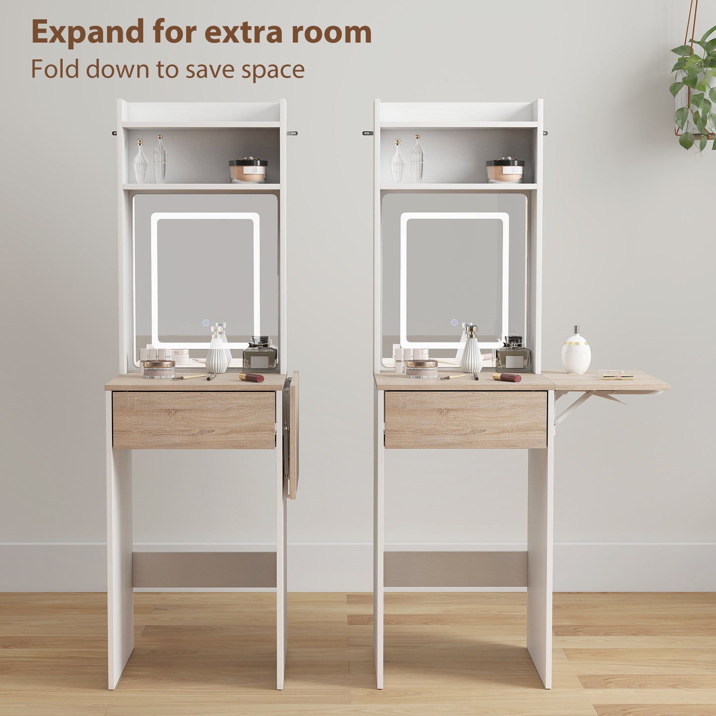 Small Vanity Desk with Mirror and LED Lights, Compact Dressing Table with Drop Leaf, Open Shelves and Drawer, White