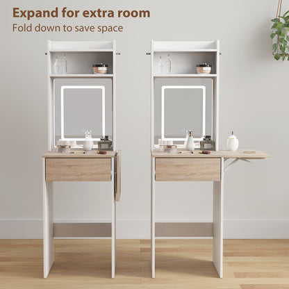 Small Vanity Desk with Mirror and LED Lights, Compact Dressing Table with Drop Leaf, Open Shelves and Drawer, White