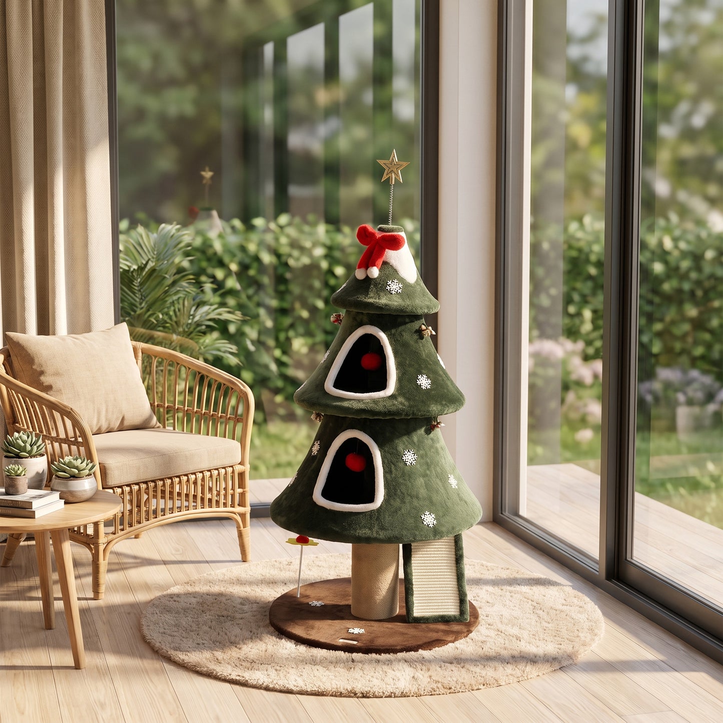 Cat Tree, Christmas Cat Tower with Dual Condos, Sisal Ladder, Jute Posts, Anti-Tip Rope, Hanging Balls, 60 x 60 x 132 cm