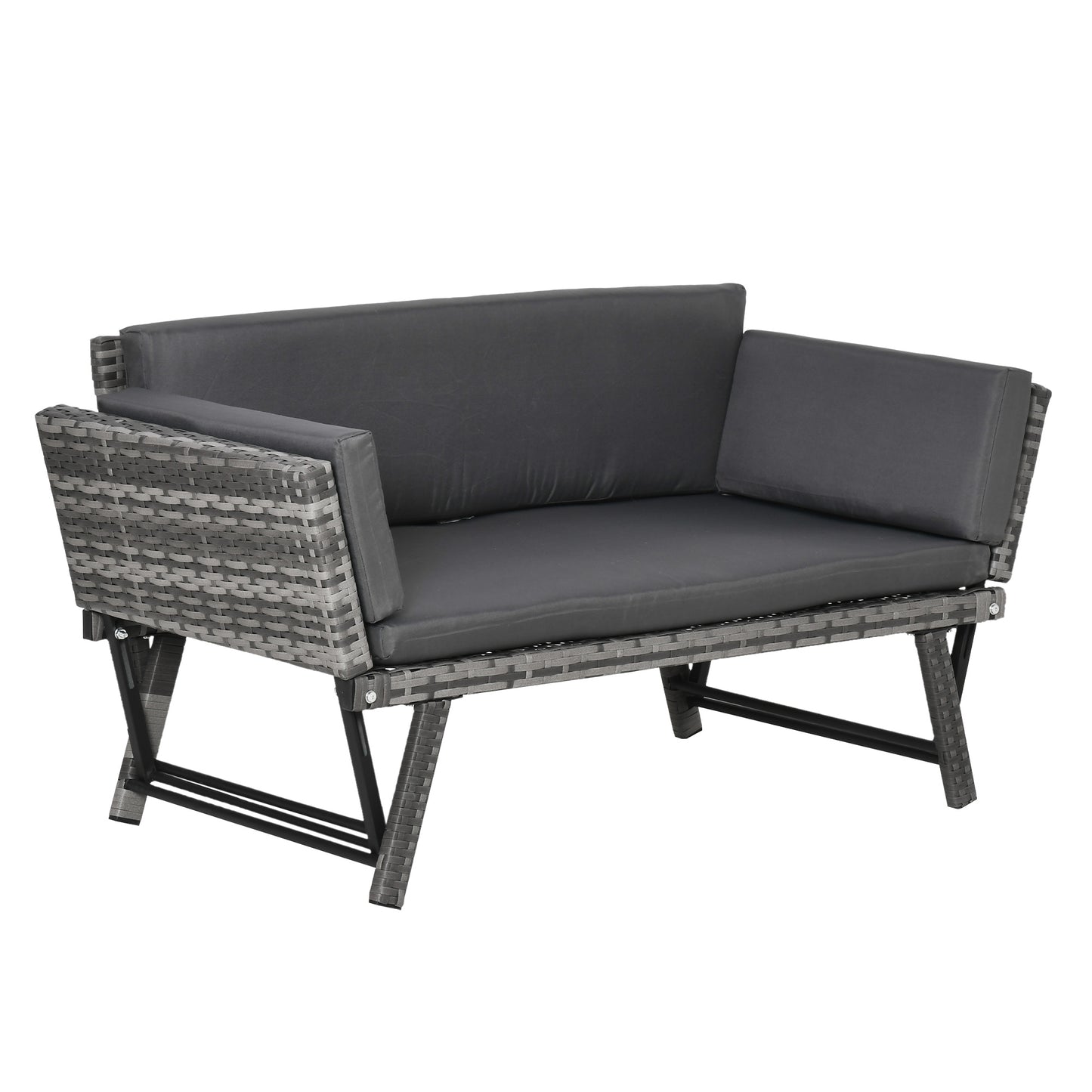 2 Seater Rattan Sofa with Cushions, 2-in-1 PE Rattan Daybed Sofa with Left Up or Down Armrests