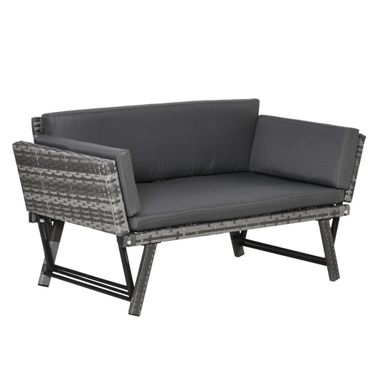 2 Seater Rattan Sofa with Cushions, 2-in-1 PE Rattan Daybed Sofa with Left Up or Down Armrests