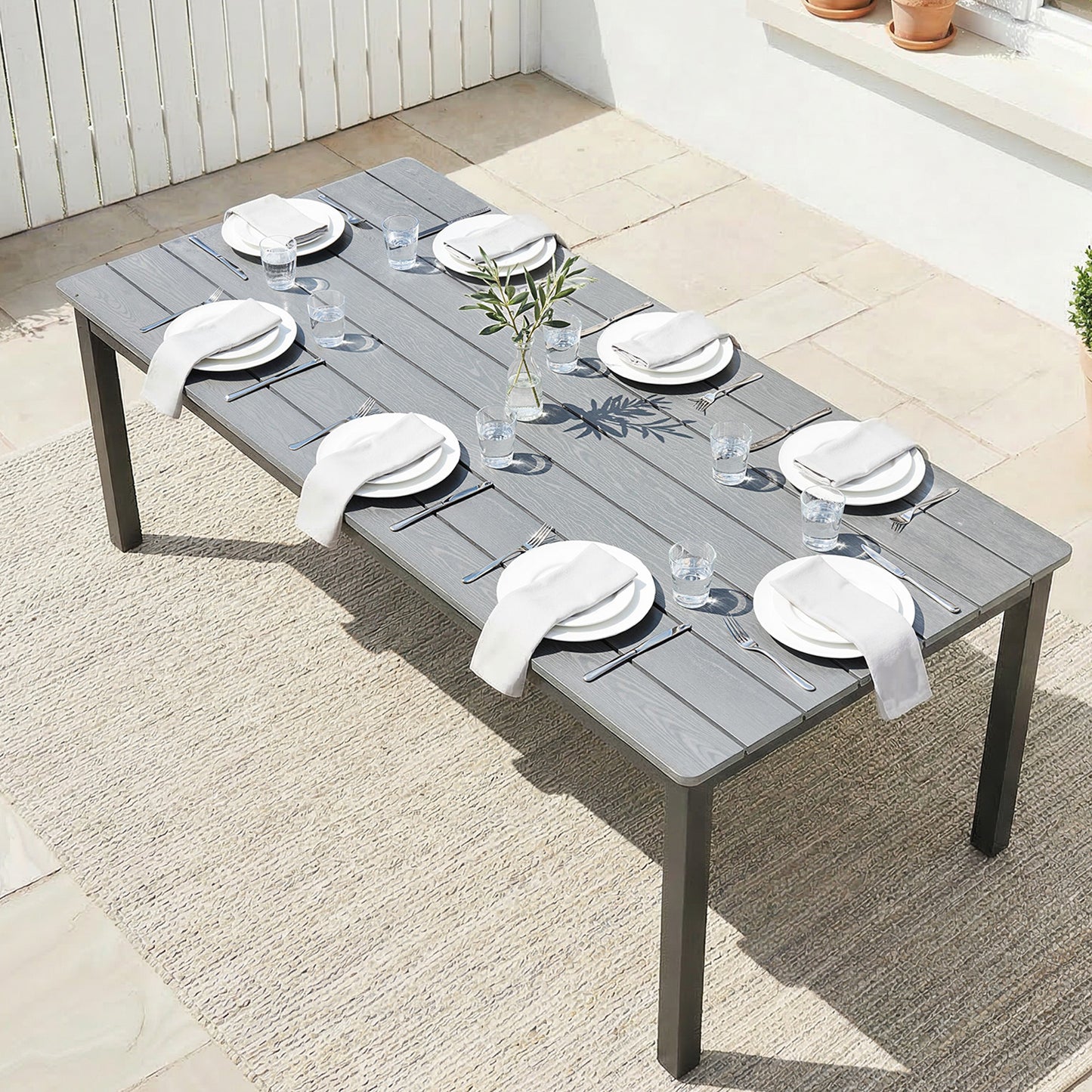 Garden Dining Table for 6-8 Person, 180 x 86 cm Rectangular Outdoor Dining Table with Wood Slatted Top, Grey