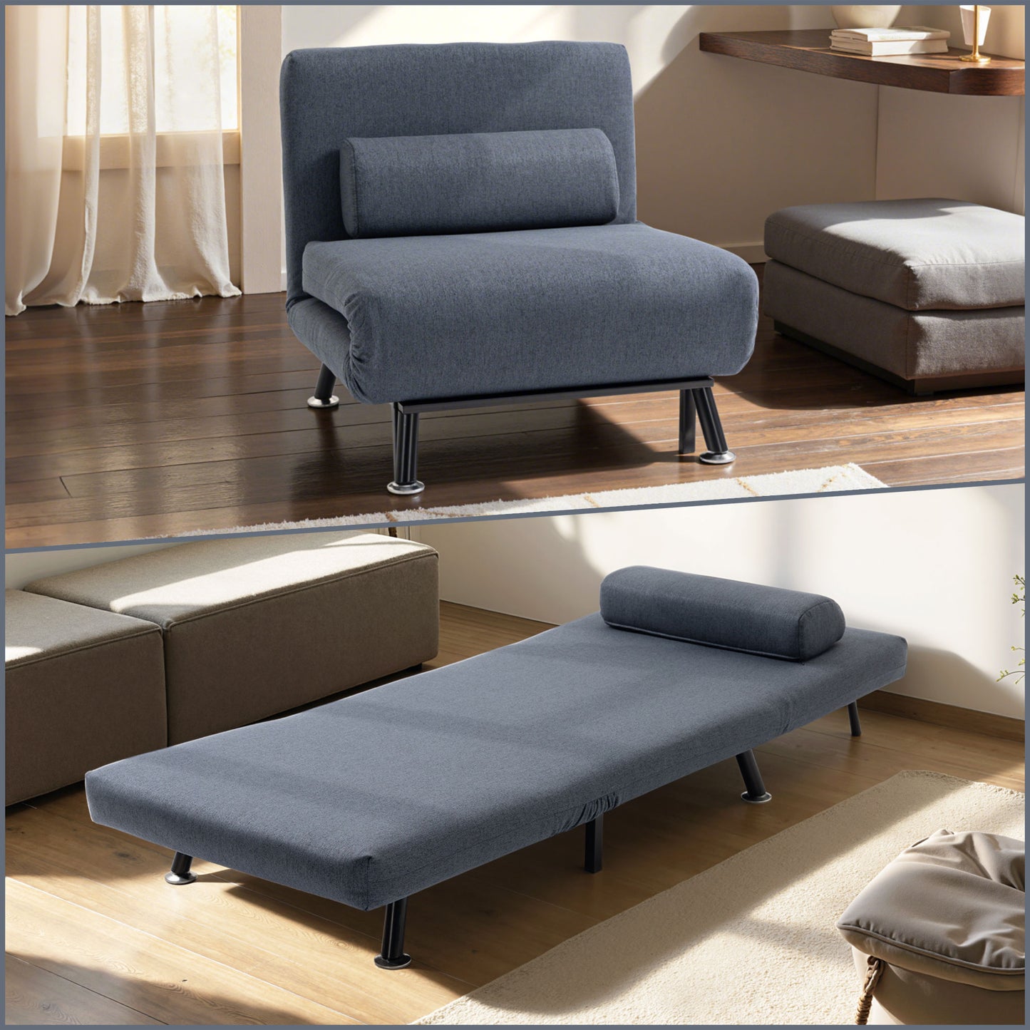Single Sofa Chair Bed, Linen Fabric 3-in-1 Convertible Sleeper Chair with 5-Position Adjustable Backrest, 75cm Wide Seat
