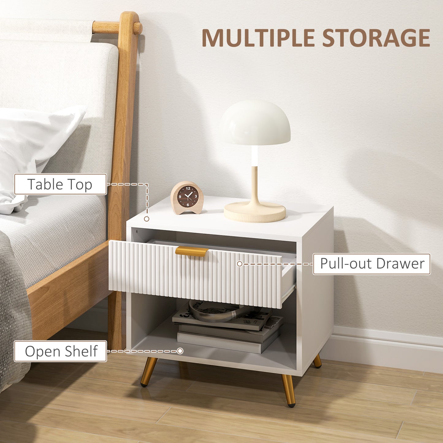 Elegant Bedside Table, with Drawer and Shelf - White/Gold Tone