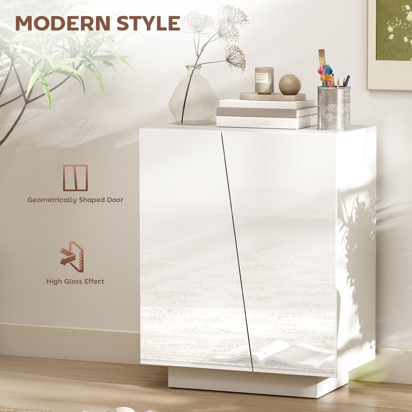 High Gloss Storage Cabinet, Freestanding Storage Cupboard with Adjustable Shelves for Living Room, Bedroom, Hallway, White