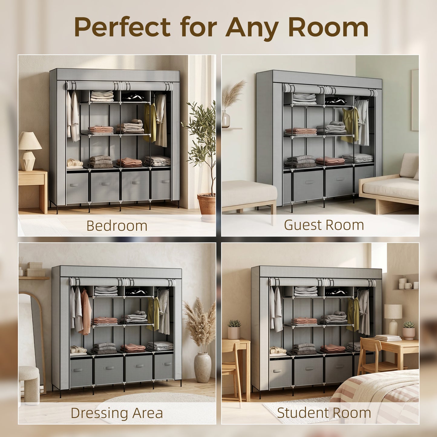 Fabric Wardrobe for Bedroom, Portable Cloth Wardrobe with 10 Compartments, 2 Hanging Rails and 4 Fabric Drawers