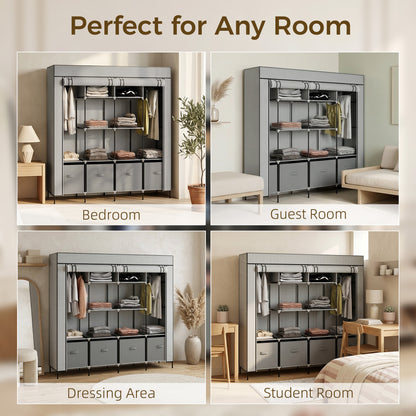 Fabric Wardrobe for Bedroom, Portable Cloth Wardrobe with 10 Compartments, 2 Hanging Rails and 4 Fabric Drawers