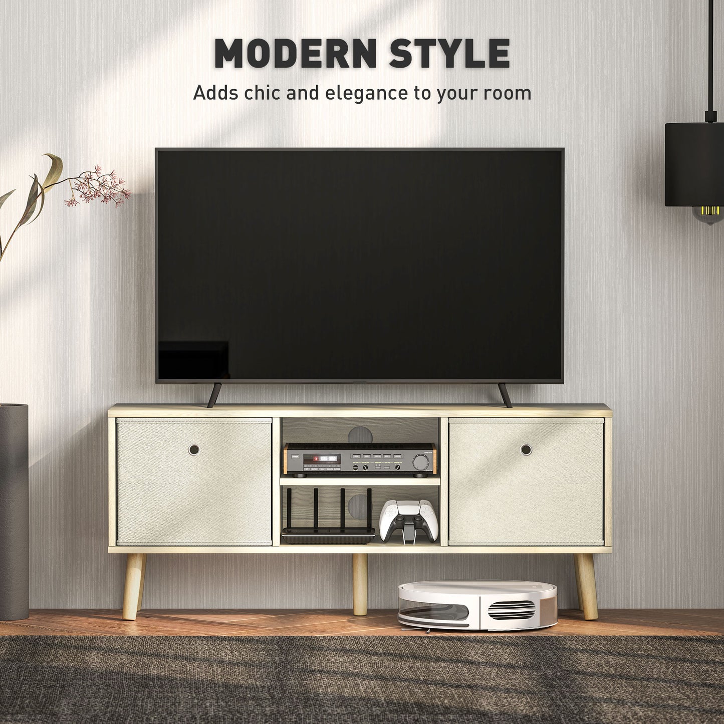 TV Cabinet Stand Unit for TVs up to 50'' with Foldable Drawers, Entertainment Centre for Living Room Natural