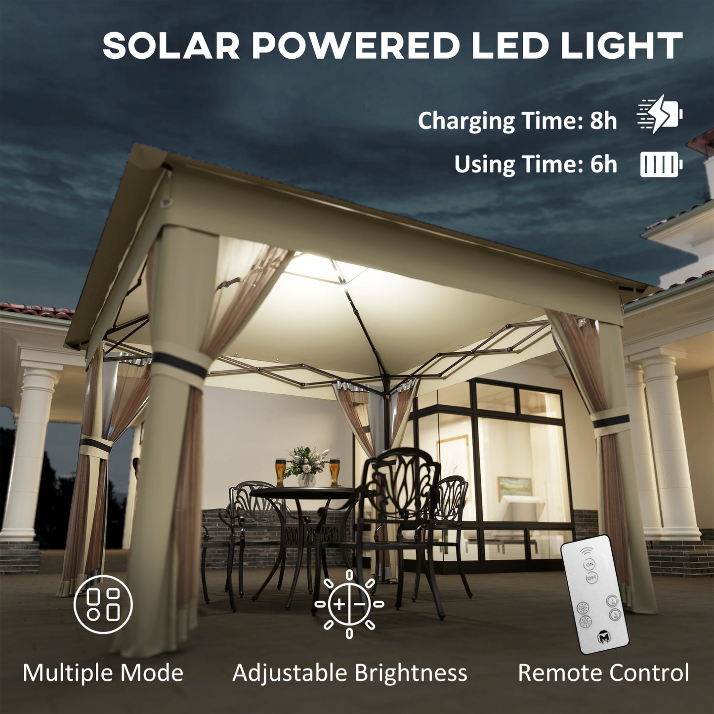 3.36 x 3.36m Pop Up Gazebo Party Tent with Solar-Powered LED Lights, Adjustable Event Shelter with Netting, Khaki