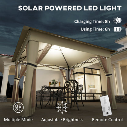 3.36 x 3.36m Pop Up Gazebo Party Tent with Solar-Powered LED Lights, Adjustable Event Shelter with Netting, Khaki