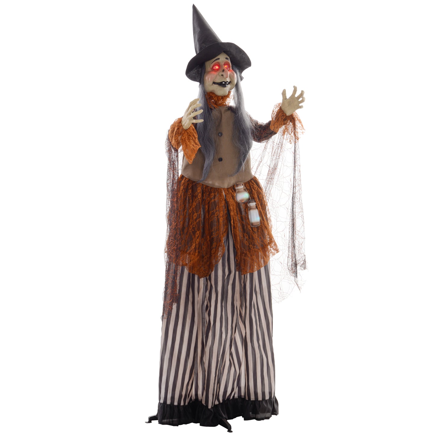 183 cm Life Size Halloween Animated Standing Fat-Faced Witch with Red Light Up Eyes, Sound Activated Moving Arms & Head