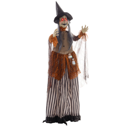 183 cm Life Size Halloween Animated Standing Fat-Faced Witch with Red Light Up Eyes, Sound Activated Moving Arms & Head