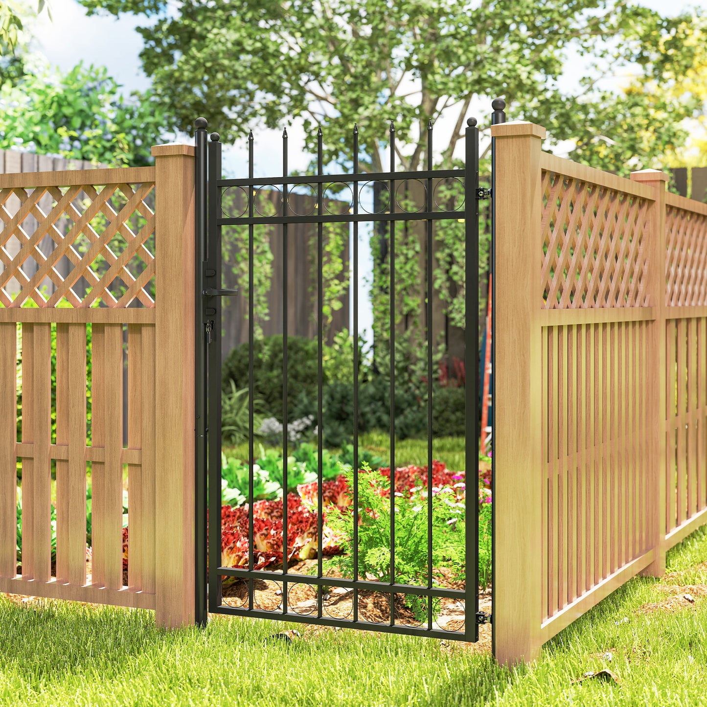 Galvanised Steel Garden Gate, Outdoor Fence Gate Security Barrier with Lock, Keys and Handle, Outdoor Entrance Way Door