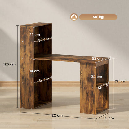 120cm Computer Desk, Wooden PC Laptop Table with 6-Tier Storage Bookshelves, Home Office Working Study Desk