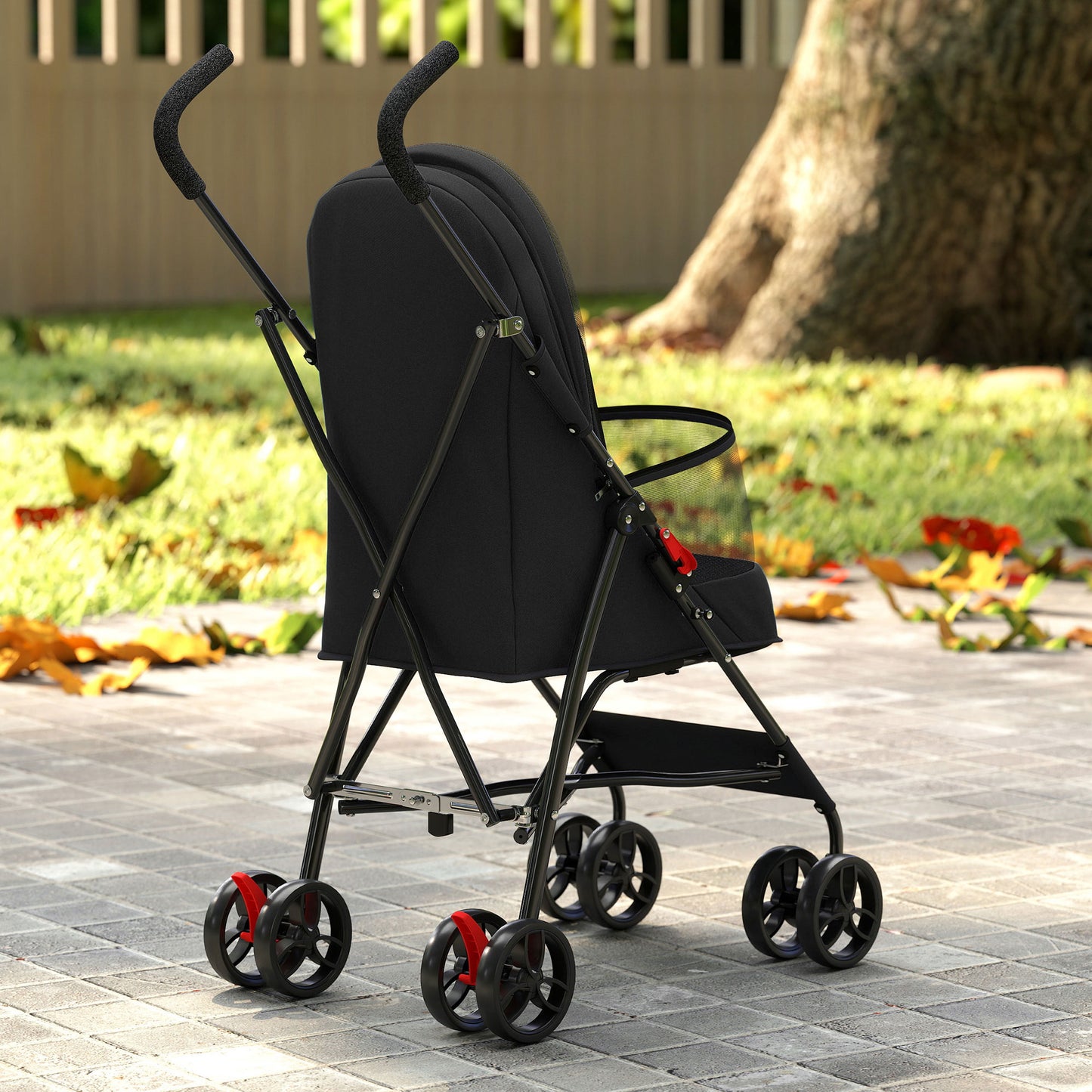Dog Stroller, Foldable Cat Dog Pram for Miniature Breeds, Pet Stroller with Brake, Mesh Windows, Black