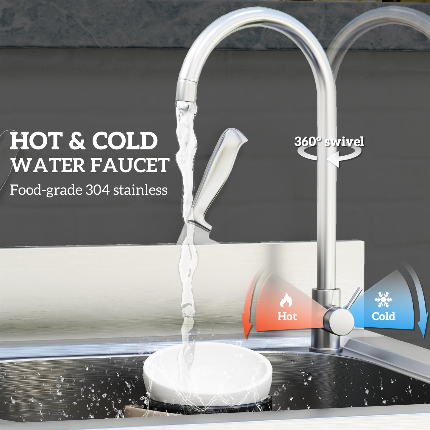 Outdoor Utility Sink, Stainless Steel Free Standing Single Bowl Kitchen Sink with Cold and Hot Water Pipe and Storage Shelf f