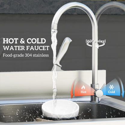 Outdoor Utility Sink, Stainless Steel Free Standing Single Bowl Kitchen Sink with Cold and Hot Water Pipe and Storage Shelf f