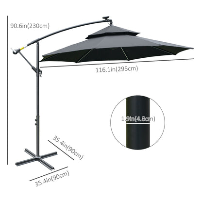 3(m) Cantilever Banana Parasol Hanging Umbrella with LED Solar lights, Crank, 8 Sturdy Ribs and Cross Base for Outdoor
