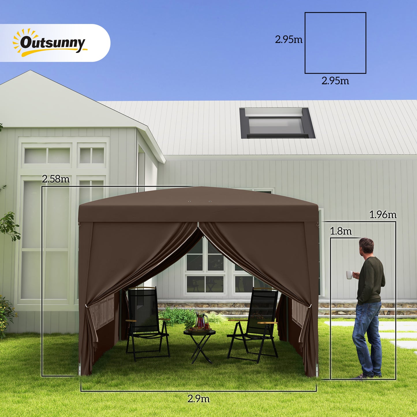 3x3(m) Pop-Up Gazebo, with Curtain Walls and Windows, Coffee