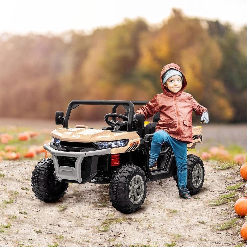 12V - 2 Seater Kids Electric Ride-On Car with Electric Bucket, Remote Control - Beige / Yellow