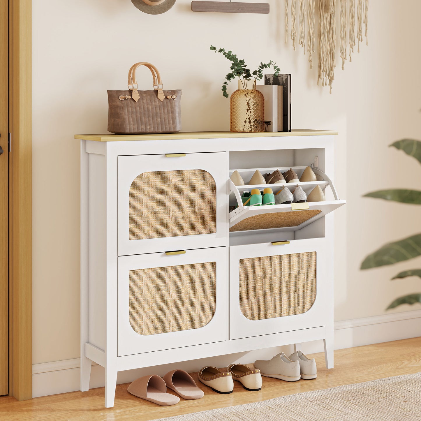 Narrow Shoe Cabinet, Boho Slim Shoe Storage Cabinet with 4 Flip Drawers, Holds 20 Pairs, White