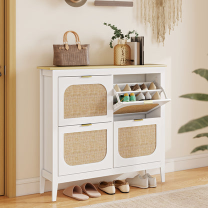 Narrow Shoe Cabinet, Boho Slim Shoe Storage Cabinet with 4 Flip Drawers, Holds 20 Pairs, White