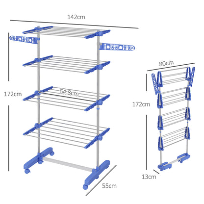 Four-Shelf Collapsing Clothes Horse, With Side Arms and Wheels - Blue