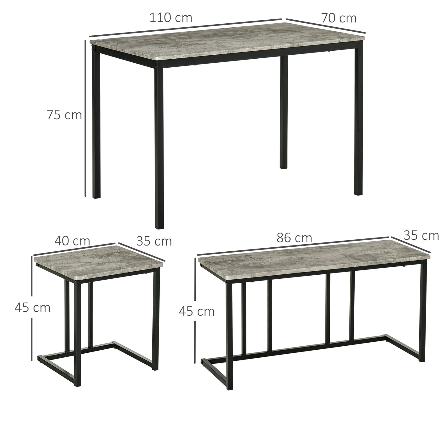 Dining Table and Chairs Set for 4 People, Concrete Effect Kitchen Table and Bench Set with Steel Frame