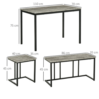 Dining Table and Chairs Set for 4 People, Concrete Effect Kitchen Table and Bench Set with Steel Frame