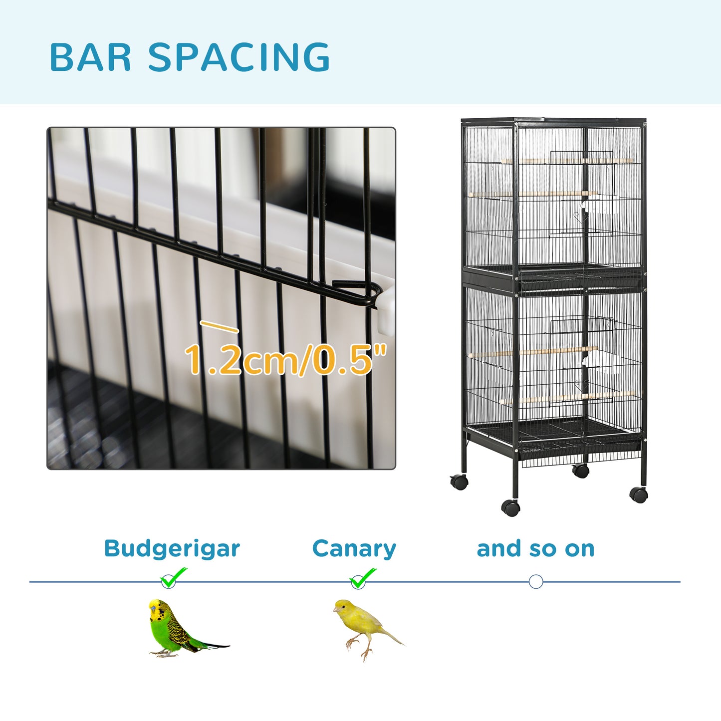 Bird Cage Budgie Cage 2 In 1 Large Aviary with Wheels Removable Trays for Finch Canaries Cockatiels Black