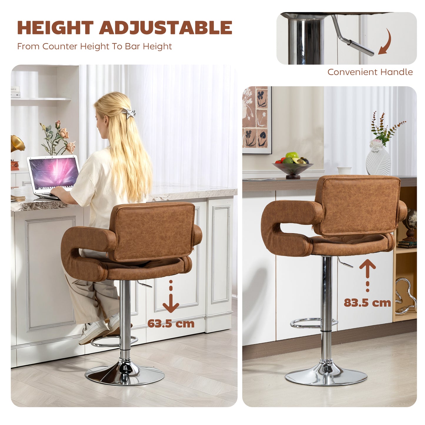 PU Leather Upholstered Swivel Bar Stool, Height Adjustable with Back, Armrest, Footrest, Brown