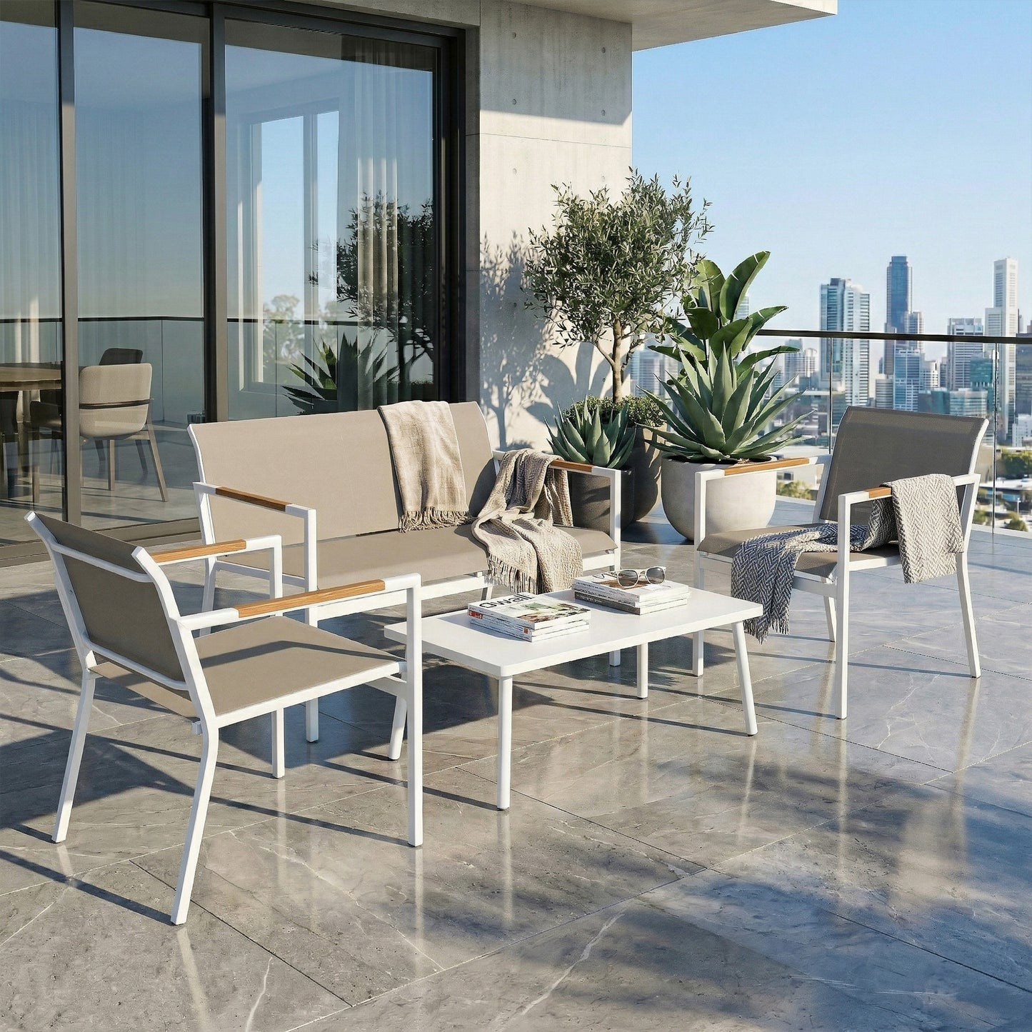4 Seater Garden Furniture Set with Loveseat, Armchairs, Table, Metal Garden Sofa Set with Breathable Seats, Khaki