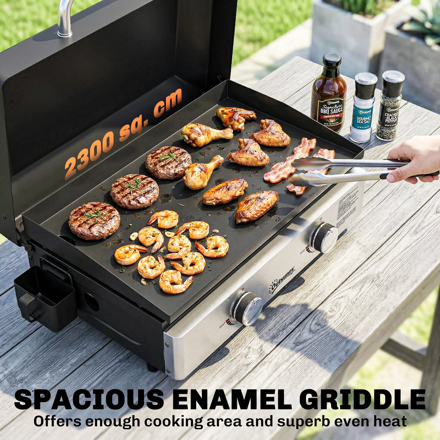 2 Burner Grill Griddle, Portable Gas Plancha, 6 kW, Tabletop Gas BBQ with Grease Cup for Camping Picnic Patios, Black