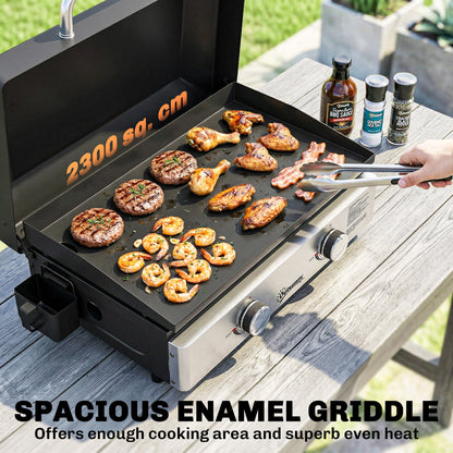 2 Burner Grill Griddle, Portable Gas Plancha, 6 kW, Tabletop Gas BBQ with Grease Cup for Camping Picnic Patios, Black