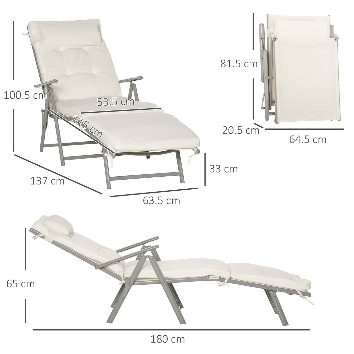 Sun Lounger Steel Frame Outdoor Folding Chaise Texteline Lounge Chair Recliner with Headrest & 7 Levels Adjustable Backrest