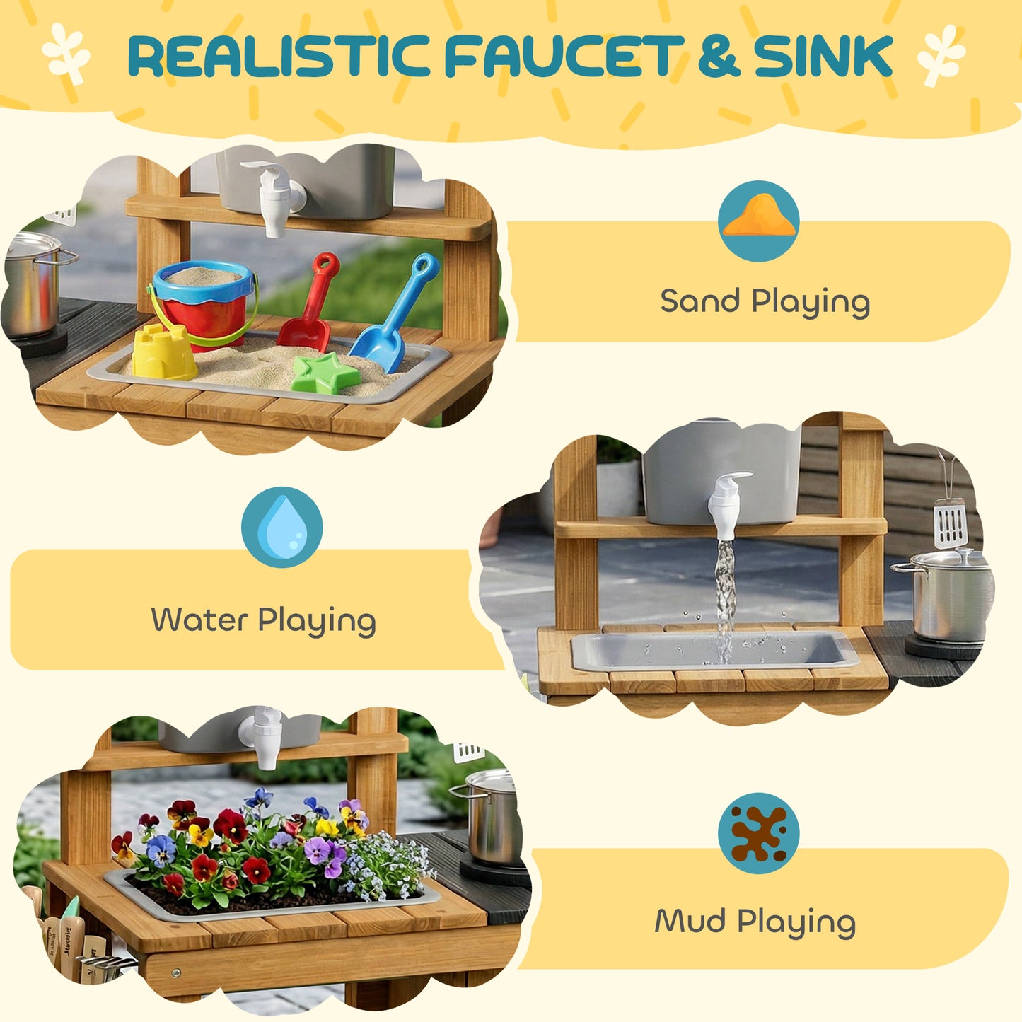 Wooden Mud Kitchen with Wheels, Stove, Faucet, Flower Pots, Stainless Steel Accessories for Toddlers 3-6, Brown