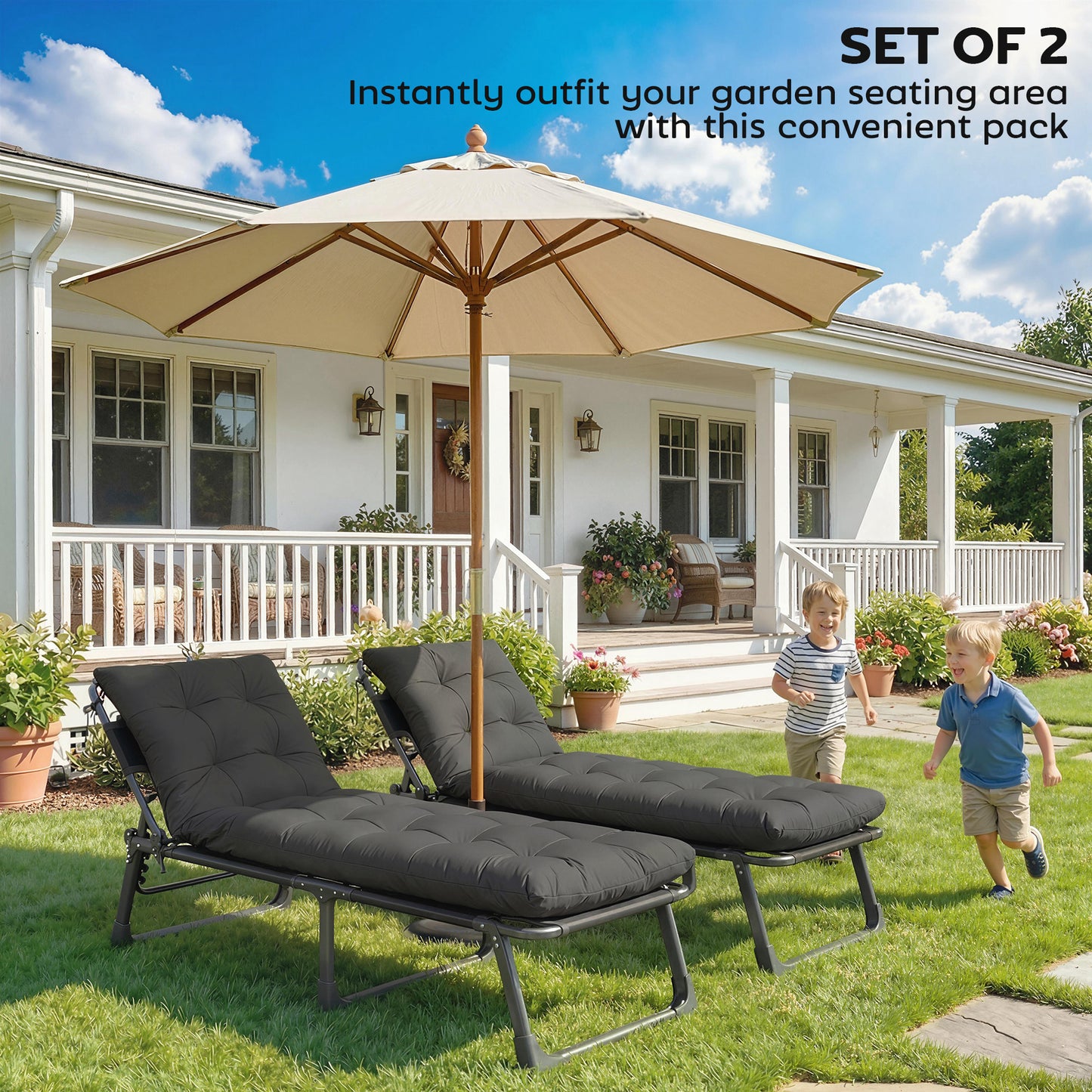Sun Lounger Cushions Only, Garden Lounge Chair Cushions Set of 2, Sunbed Replacement Pads with 4 Ties, Dark Grey