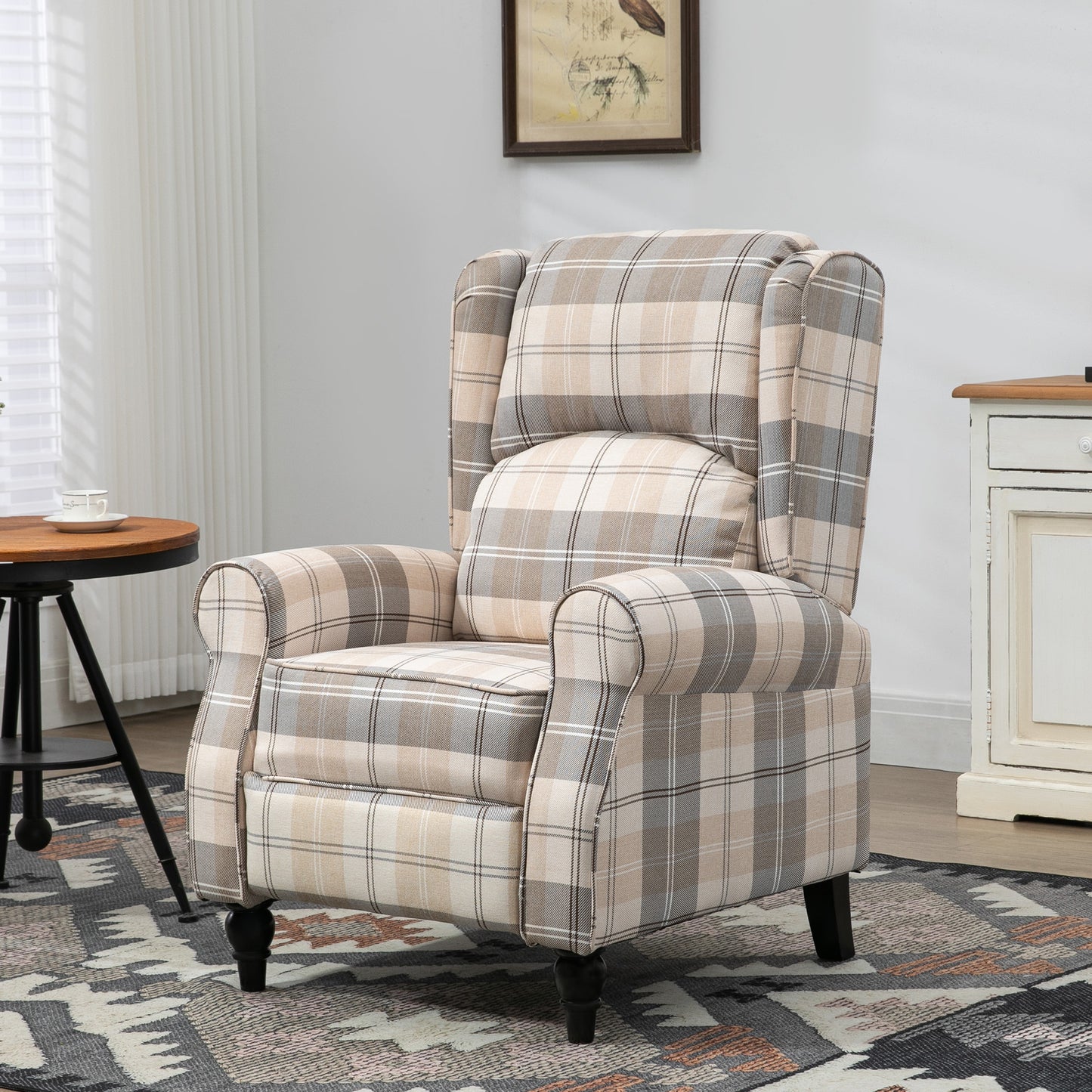 Wingback Recliner Armchair for Living Room, Pushback Reclining Chair with Round Armrests, Footrest and Rubber Wood Legs