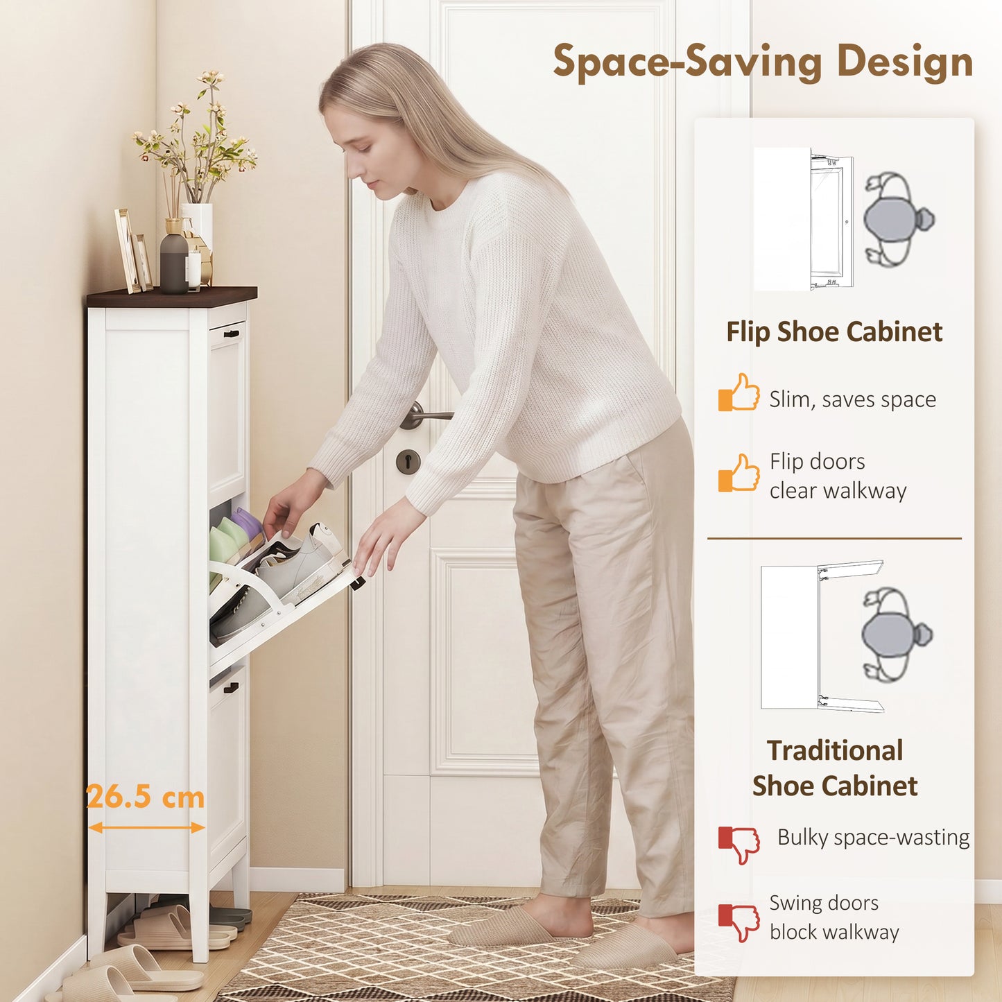 Shoe Cabinet with 3 Flip Drawers, Farmhouse Narrow Shoe Storage Cabinet with Adjustable Shelves, White