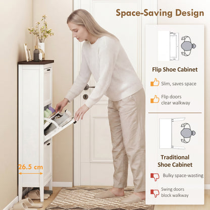 Shoe Cabinet with 3 Flip Drawers, Farmhouse Narrow Shoe Storage Cabinet with Adjustable Shelves, White