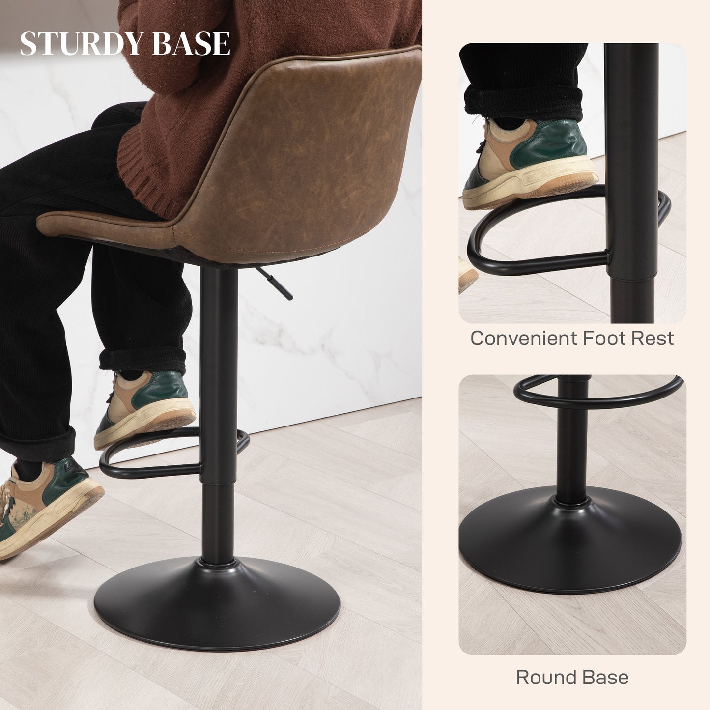 Bar Stools Set of 2, Retro Adjustable Kitchen Stool, Swivel PU Leather Upholstered Bar Chairs with Back
