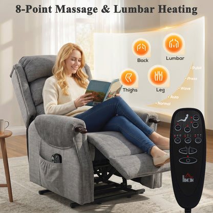 Power Lift Recliner with Vibration Massage and Heat, Lift Chair for Tall with Wood Grip, Pocket Spring, Light Grey