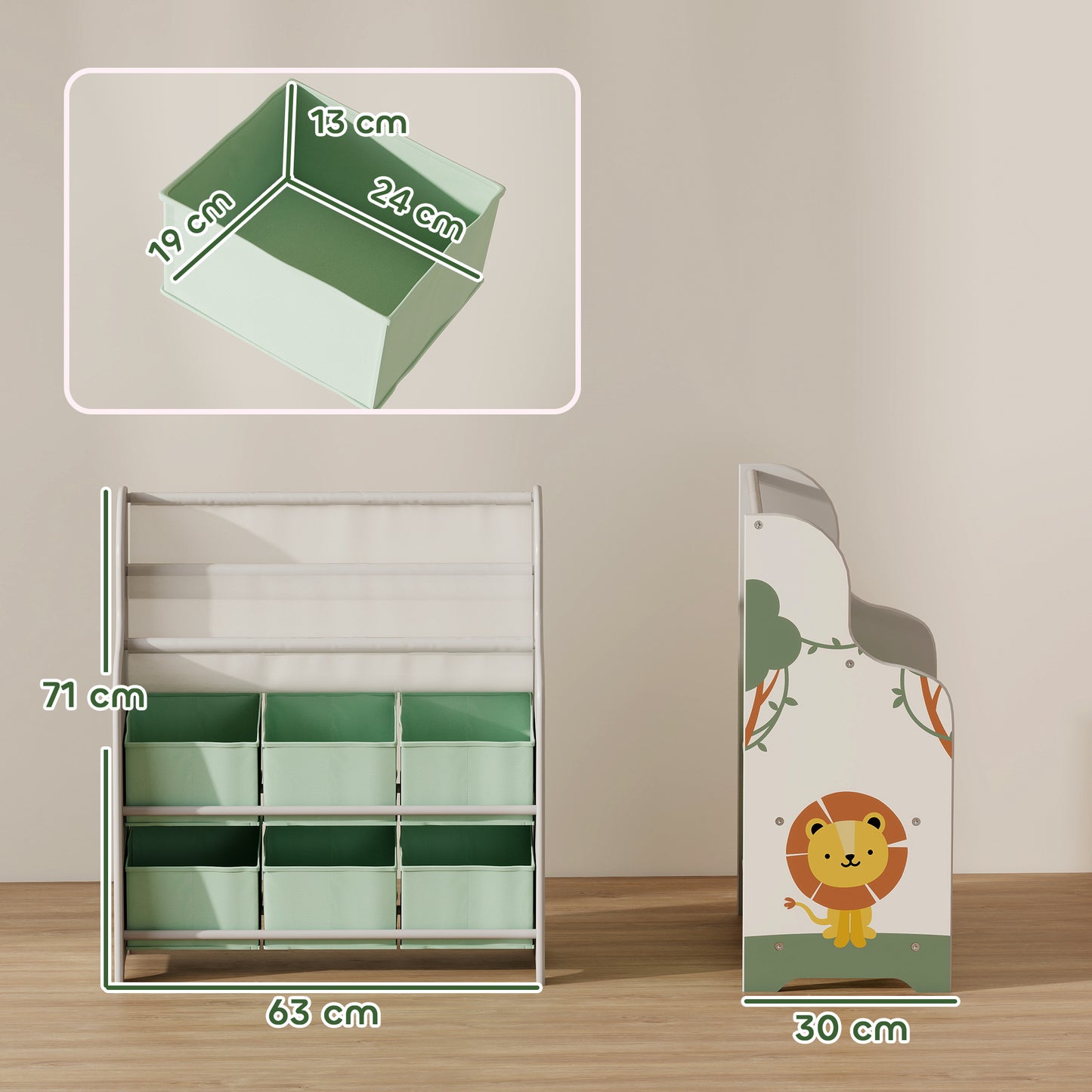 Kids Storage Unit, Toy Organiser with 6 Fabric Drawers and 2-Tier Sling Book Rack for Bedroom, Playroom, Nursery, Green