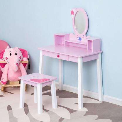 Kids Wooden Dressing Table and Stool Make Up Desk (Pink)