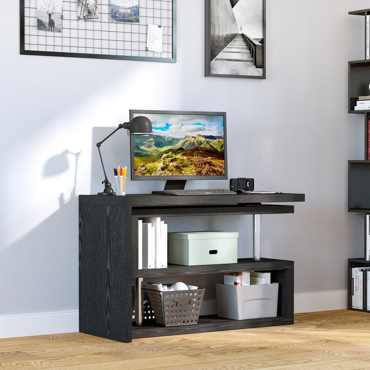L Shaped Desk with 360° Rotating Storage Shelves, Corner Computer Desk, Space Saving Study Table for Home Office, Black