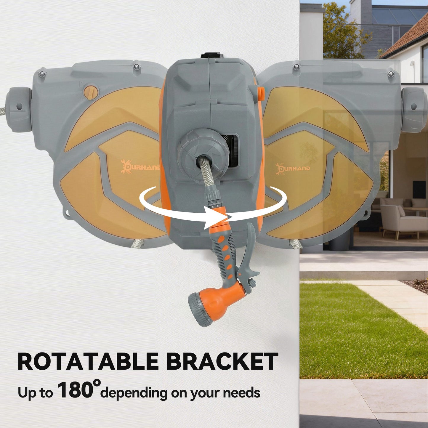 10m Garden Hose Reel Wall Mounted Auto Rewind with 7 Patterns Spray Nozzle, Includes Wall Fixings, Orange