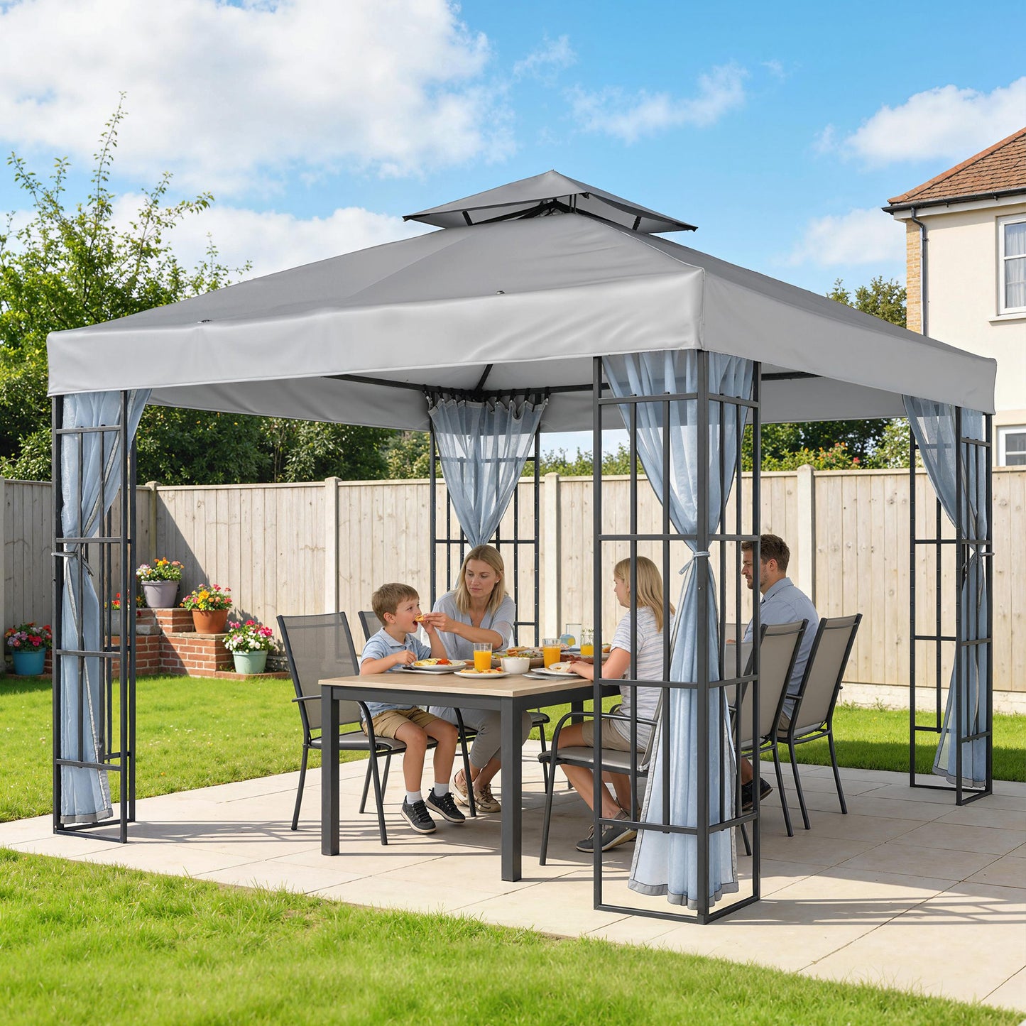 3 x 3(m) Patio Gazebo Canopy Garden Pavilion Tent Shelter with 2 Tier Roof and Mosquito Netting, Light Grey